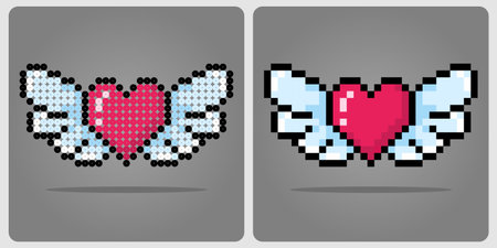 8 bit pixel love. Heart icon with wing in vector illustration for game icon or beads patternのイラスト素材