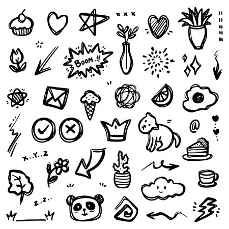 Doodle abstract of swash black thin line set include of Heart, Stroke, Circle and Arrow Sign in Vector illustrationのイラスト素材