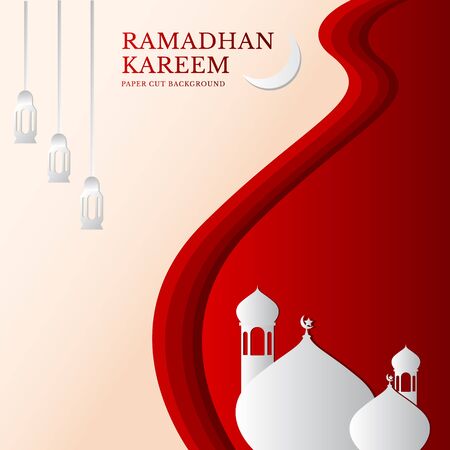 Illustration of mosque, moon, star and lantern make a paper cut ramadhan kareem background. perfect to use for banner, social media feed, etcのイラスト素材