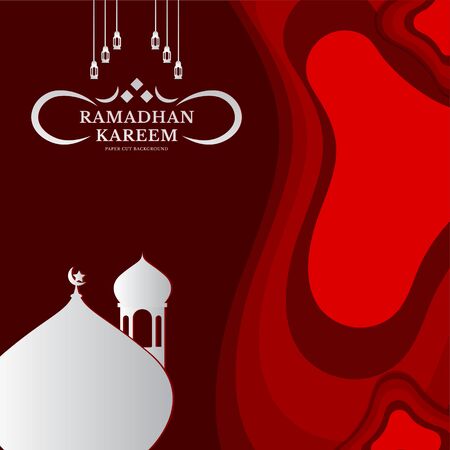 Illustration of mosque, moon, star and lantern make a paper cut ramadhan kareem background. perfect to use for banner, social media feed, etcのイラスト素材