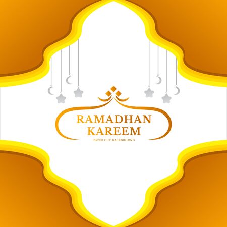 Illustration of moon, star and lantern make a paper cut ramadhan kareem background. perfect to use for banner, social media feed, etcのイラスト素材