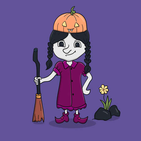 Illustration vector graphic of witch kids woman bring pumpkin perfect to logo, icon, mascot, symbol, poster, etc.のイラスト素材