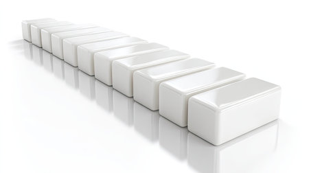 A series of pristine white rectangular blocks arranged linearly on a reflective surface, showcasing modern minimalism and geometric elegance perfect for creative projects.の素材