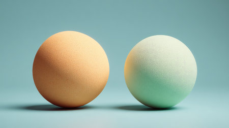 This captivating image features two smooth, textured spheres in orange and mint on a soft pastel background, embodying minimalistic art and contemporary design ideals.の素材