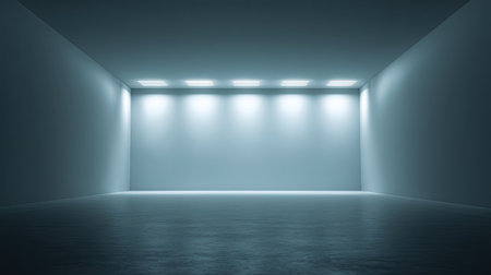 Modern indoor space with smooth walls and bright ceiling lights, perfect for exhibitions or displays. The minimalistic design creates an inviting and clean atmosphere.の素材