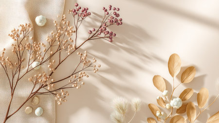 This image features a beautifully styled composition of dried flowers and soft textures, creating a tranquil atmosphere ideal for home decor inspiration and modern aesthetics.の素材