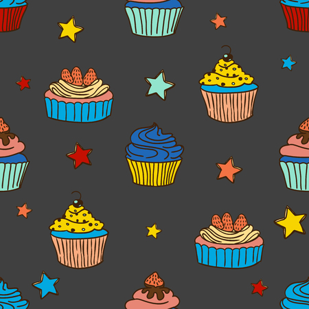 Colorful seamless pattern, hand-drawn sketch-style cupcakes and little stars. Perfect for menus, invitations, decor for restaurants and birthdays partiesのイラスト素材