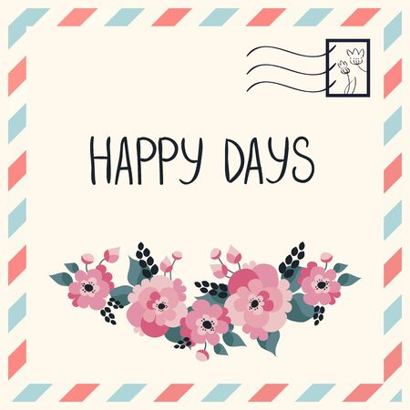 Retro postcard, illustration, hand drawn floral element in an old envelope frame. Perfect for greeting cards and invitations.のイラスト素材