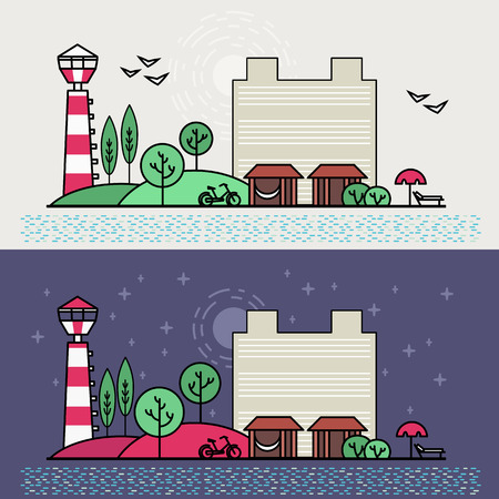 Linear illustration, island landscape: beach, hotel and lighthouseのイラスト素材