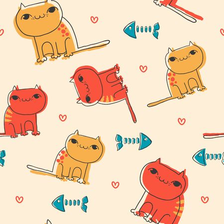 Cute hand-drawn seamless pattern with cats, perfect for wallpaper, textile or backgroundsのイラスト素材