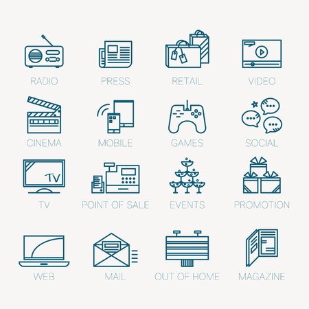 Linear icon set, media channel and promotion opportunity conceptのイラスト素材