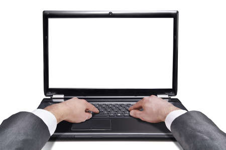 male hands on the laptop isolated over white backgroundの写真素材