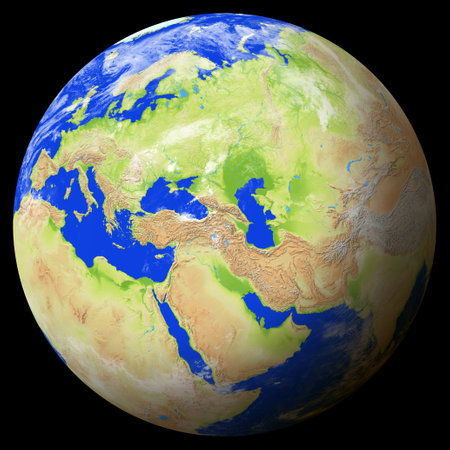 Close view of the earth from space showing Armenia in the center of the image. Globe that shows one hemisphere of our planet. Light clouds cover parts of the earth. Map data from Natural Earth.の写真素材