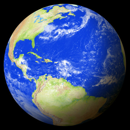 Close view of the earth from space showing Antigua and Barbuda in the center of the image. Light clouds cover parts of the earth. Map data from Natural Earth.の写真素材