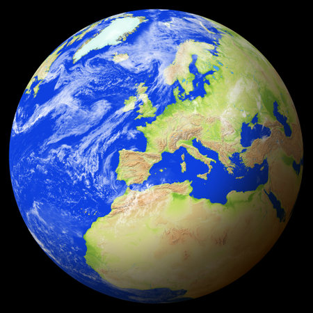Close view of the earth from space showing Andorra in the center of the image. Globe that shows one hemisphere of our planet. Light clouds cover parts of the earth. Map data from Natural Earth.の写真素材