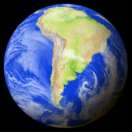 Close view of the earth from space showing Argentina in the center of the image. Globe that shows one hemisphere of our planet. Light clouds cover parts of the earth. Map data from Natural Earth.の写真素材