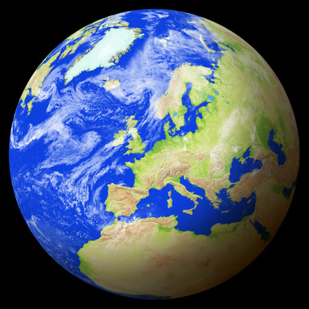 Close view of the earth from space showing Belgium in the center of the image. Globe that shows one hemisphere of our planet. Light clouds cover parts of the earth. Map data from Natural Earth.の写真素材