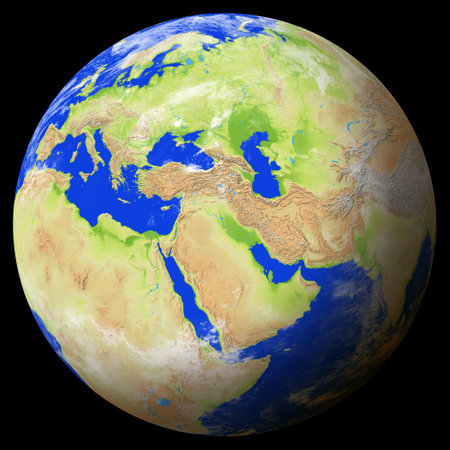 Close view of the earth from space showing Iraq in the center of the image. Globe that shows one hemisphere of our planet. Light clouds cover parts of the earth. Map data from Natural Earth.の写真素材