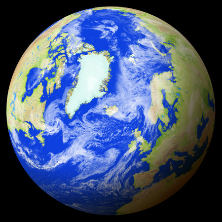Close view of the earth from space showing Iceland in the center of the image. Globe that shows one hemisphere of our planet. Light clouds cover parts of the earth. Map data from Natural Earth.の写真素材