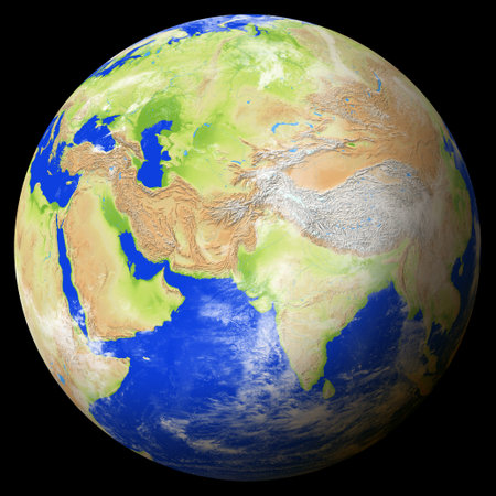 Close view of the earth from space showing Pakistan in the center of the image. Globe that shows one hemisphere of our planet. Light clouds cover parts of the earth. Map data from Natural Earth.の写真素材