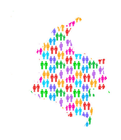 Types of family diversity and colourful ways of family life in Colombia. Different family forms become more visible and accepted in society. Map showing diversity in gender and families with icons and symbols for family, gender, women, men and children.の写真素材