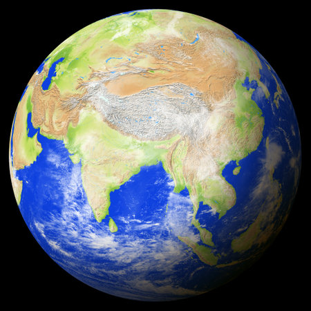 Close view of the earth from space showing Bangladesh in the center of the image. Globe that shows one hemisphere of our planet. Light clouds cover parts of the earth. Map data from Natural Earth.の写真素材