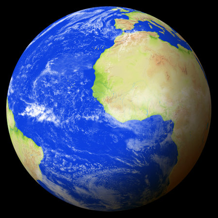 Close view of the earth from space showing Sierra Leone in the center of the image. Globe that shows one hemisphere of our planet. Light clouds cover parts of the earth. Map data from Natural Earth.の写真素材