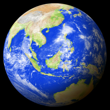 Close view of the earth from space showing Brunei in the center of the image. Globe that shows one hemisphere of our planet. Light clouds cover parts of the earth. Map data from Natural Earth.の写真素材