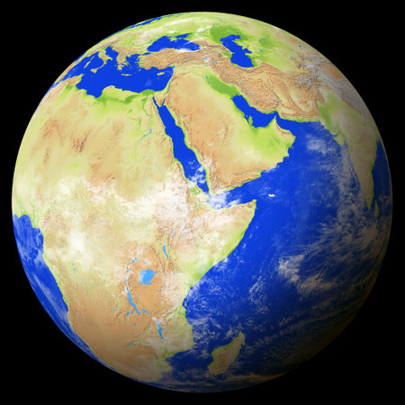 Close view of the earth from space showing Djibouti in the center of the image. Globe that shows one hemisphere of our planet. Light clouds cover parts of the earth. Map data from Natural Earth.の写真素材