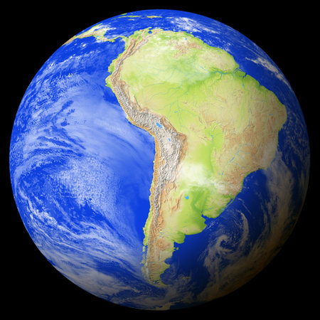Close view of the earth from space showing Chile in the center of the image. Globe that shows one hemisphere of our planet. Light clouds cover parts of the earth. Map data from Natural Earth.の写真素材