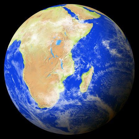 Close view of the earth from space showing Mozambique in the center of the image. Globe that shows one hemisphere of our planet. Light clouds cover parts of the earth. Map data from Natural Earth.の写真素材