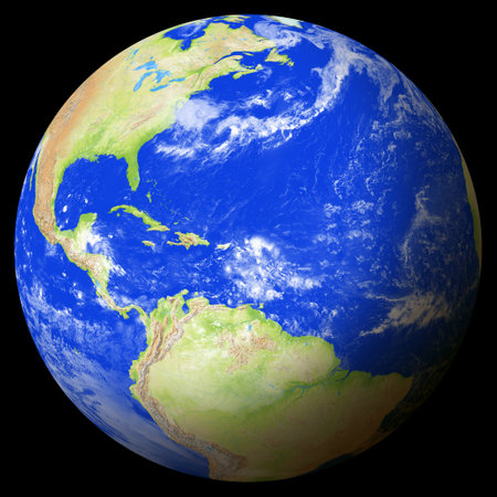 Close view of the earth from space showing Sint Maarten in the center of the image. Globe that shows one hemisphere of our planet. Light clouds cover parts of the earth. Map data from Natural Earth.の写真素材