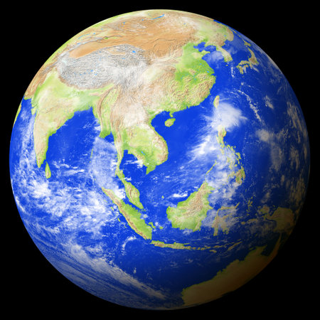 Close view of the earth from space showing Vietnam in the center of the image. Globe that shows one hemisphere of our planet. Light clouds cover parts of the earth. Map data from Natural Earth.の写真素材