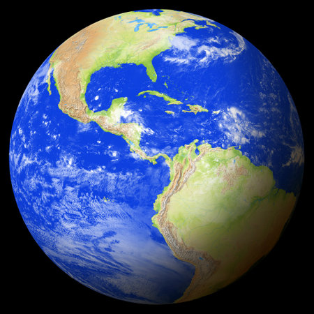 Close view of the earth from space showing Panama in the center of the image. Globe that shows one hemisphere of our planet. Light clouds cover parts of the earth. Map data from Natural Earth.の写真素材
