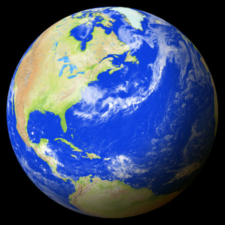 Close view of the earth from space showing Bermuda in the center of the image. Globe that shows one hemisphere of our planet. Light clouds cover parts of the earth. Map data from Natural Earth.の写真素材