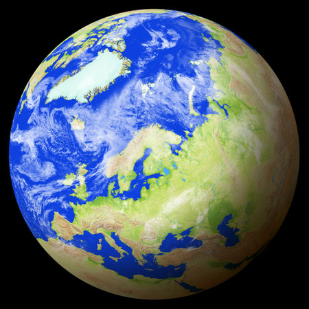 Close view of the earth from space showing Finland in the center of the image. Globe that shows one hemisphere of our planet. Light clouds cover parts of the earth. Map data from Natural Earth.の写真素材