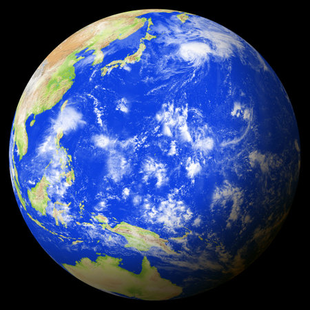Close view of the earth from space showing Guam in the center of the image. Globe that shows one hemisphere of our planet. Light clouds cover parts of the earth. Map data from Natural Earth.の写真素材