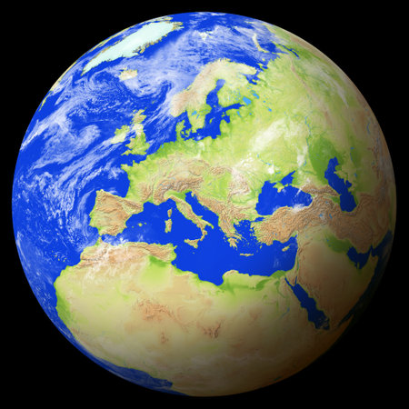 Close view of the earth from space showing Croatia in the center of the image. Globe that shows one hemisphere of our planet. Light clouds cover parts of the earth. Map data from Natural Earth.の写真素材