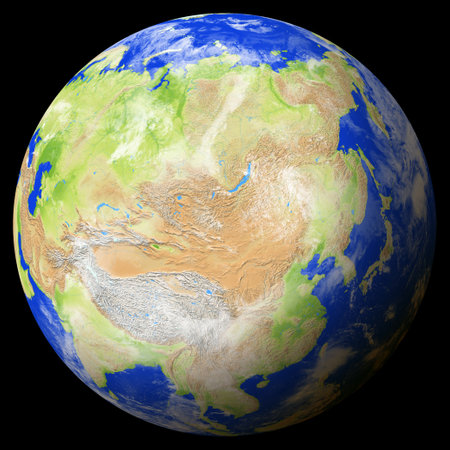 Close view of the earth from space showing Mongolia in the center of the image. Globe that shows one hemisphere of our planet. Light clouds cover parts of the earth. Map data from Natural Earth.の写真素材