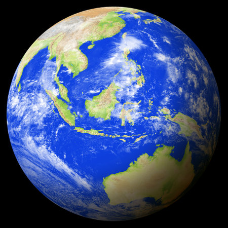 Close view of the earth from space showing Indonesia in the center of the image. Globe that shows one hemisphere of our planet. Light clouds cover parts of the earth. Map data from Natural Earth.の写真素材