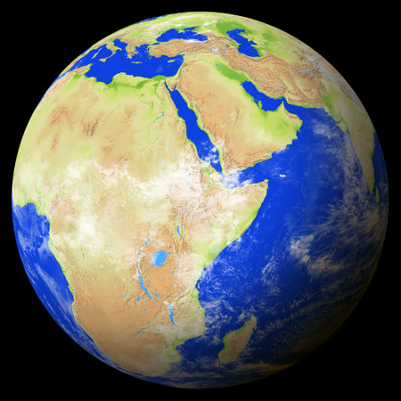 Close view of the earth from space showing Ethiopia in the center of the image. Globe that shows one hemisphere of our planet. Light clouds cover parts of the earth. Map data from Natural Earth.の写真素材