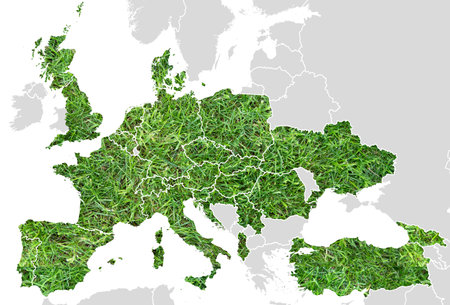 Map of Europe showing the countries of the European Football Championship 2024 with a grass football fieldの写真素材