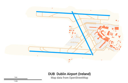 Map of Dublin Airport in Dublin (Ireland). IATA code: DUB. Airport diagram with runways, taxiways, apron, parking areas and buildings. Map data from OpenStreetMap.の写真素材