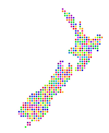 Abstract map of New Zealand showing the area of the country with a pattern of colorful circlesのイラスト素材