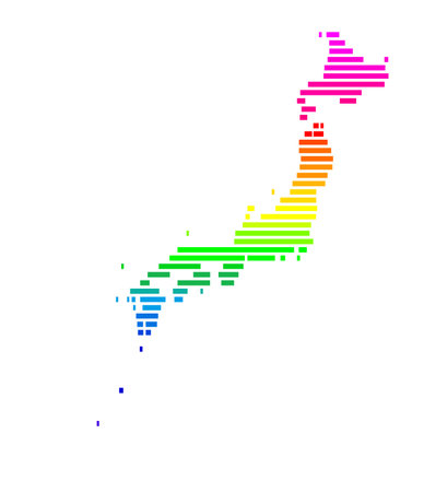 Abstract map of JapanX showing the country with horizontal parallel lines in rainbow colorsのイラスト素材