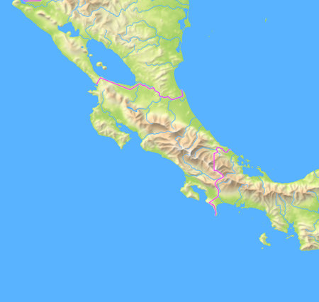 Map of Costa Rica and surrounding countries showing the region with relief representation, rivers, lakes and administrative boundaries. Silent map without any labels.の写真素材