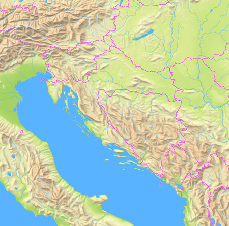 Map of Croatia and surrounding countries showing the region with relief representation, rivers, lakes and administrative boundaries. Silent map without any labels.の写真素材