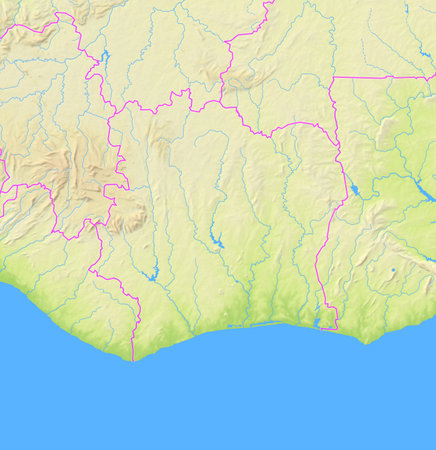Map of Ivory Coast and surrounding countries showing the region with relief representation, rivers, lakes and administrative boundaries. Silent map without any labels.の写真素材