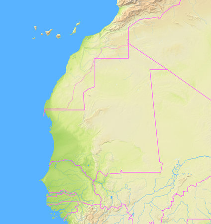 Map of Mauritania and surrounding countries showing the region with relief representation, rivers, lakes and administrative boundaries. Silent map without any labels.の写真素材