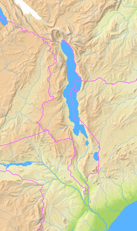 Map of Malawi and surrounding countries showing the region with relief representation, rivers, lakes and administrative boundaries. Silent map without any labels.の写真素材